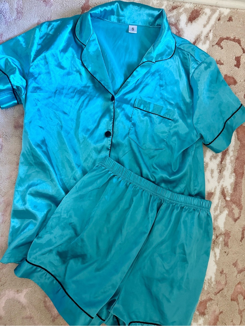 Teal Satin Short Sleeve Button Down Pajama Set